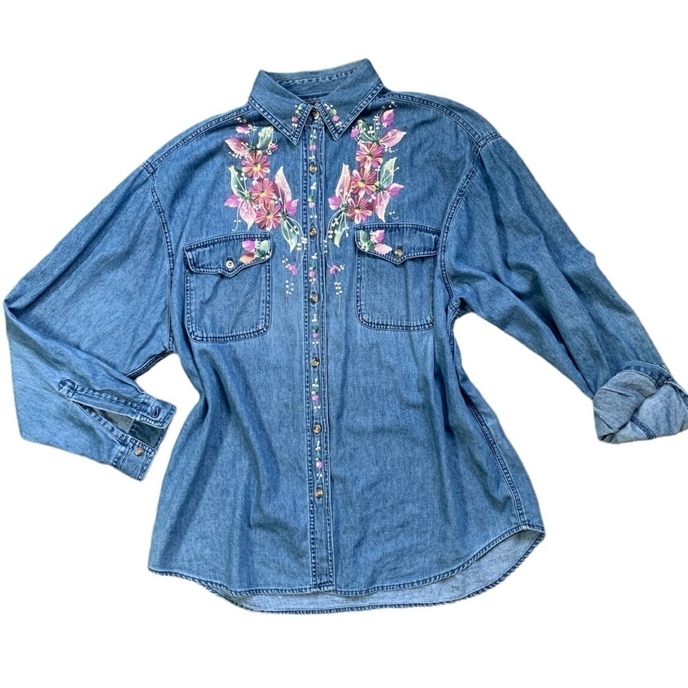 LASHA Button Up Shirt‎ Western Blue Denim Handpainted Collar XL #57C